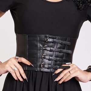 Black Wide Faux Leather Corset Waist Belt with Buckle Straps